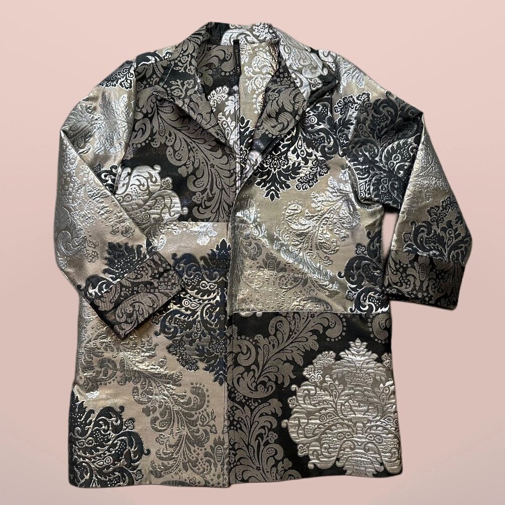 IC Connie K Jacket X-Large Tapestry Artsy Open Front Silver Metallic Patchwork